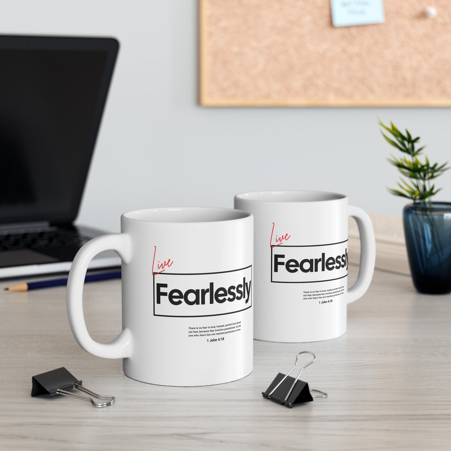 "Live Fearlessly" Christian Coffee Mug – 11oz White Ceramic, Bible Verse 1 John 4:18, Inspirational Gift 11oz