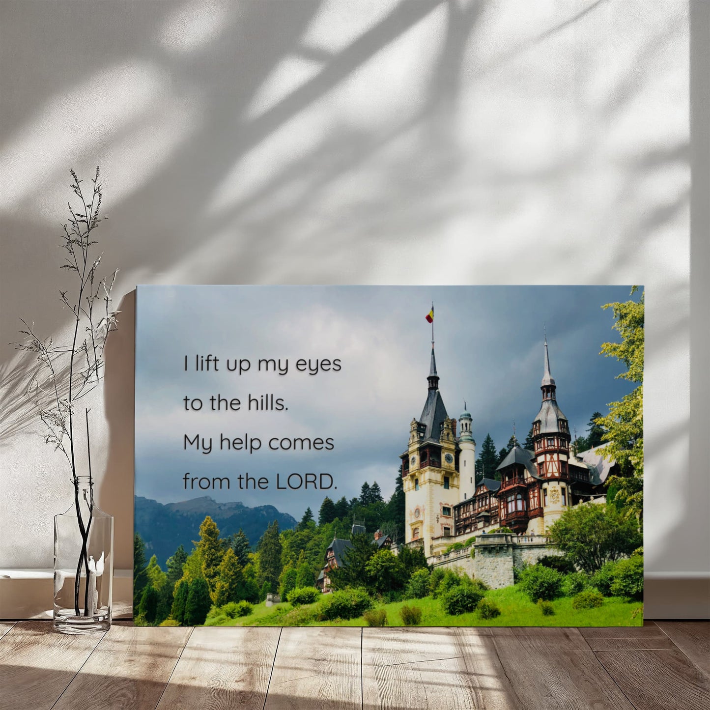 Psalm 121 Wall Art – “I Lift Up My Eyes to the Hills” Canvas | Original Romania Castle Photography | Christian Scripture Print- FREE Shipping