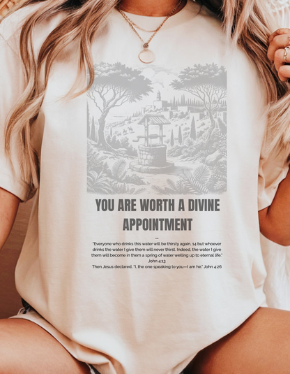 "Divine Appointment" Christian T-Shirt | Woman at the Well | John 4:13-26 Bible Verse Shirt for Women