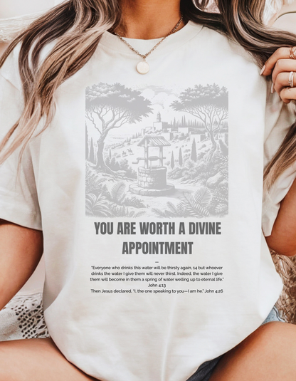 "Divine Appointment" Christian T-Shirt | Woman at the Well | John 4:13-26 Bible Verse Shirt for Women