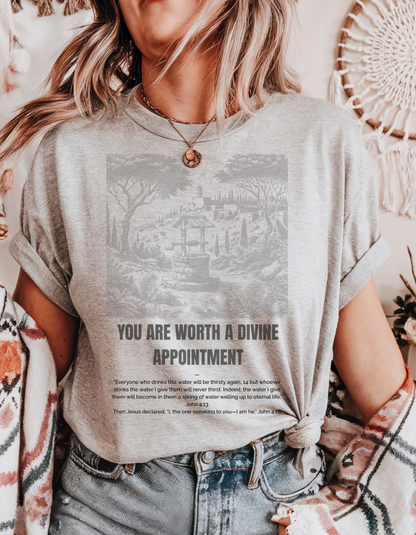 "Divine Appointment" Christian T-Shirt | Woman at the Well | John 4:13-26 Bible Verse Shirt for Women