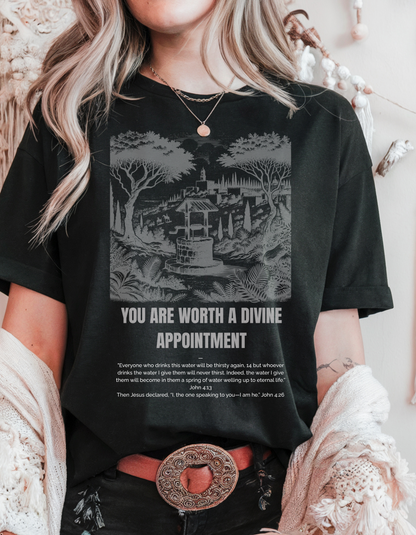 "Divine Appointment" Christian T-Shirt | Woman at the Well | John 4:13-26 Bible Verse Shirt for Women