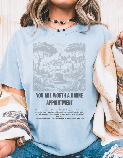 "Divine Appointment" Christian T-Shirt | Woman at the Well | John 4:13-26 Bible Verse Shirt for Women