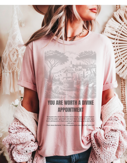 "Divine Appointment" Christian T-Shirt | Woman at the Well | John 4:13-26 Bible Verse Shirt for Women