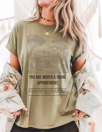 "Divine Appointment" Christian T-Shirt | Woman at the Well | John 4:13-26 Bible Verse Shirt for Women