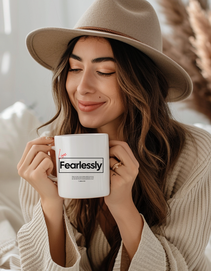 "Live Fearlessly" Christian Coffee Mug – 11oz White Ceramic, Bible Verse 1 John 4:18, Inspirational Gift 11oz