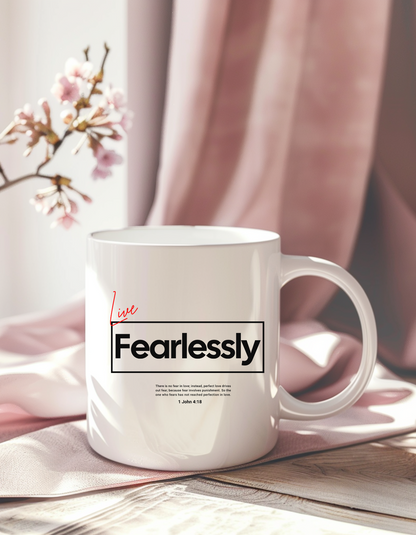 "Live Fearlessly" Christian Coffee Mug – 11oz White Ceramic, Bible Verse 1 John 4:18, Inspirational Gift 11oz
