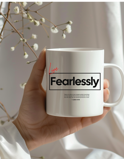 "Live Fearlessly" Christian Coffee Mug – 11oz White Ceramic, Bible Verse 1 John 4:18, Inspirational Gift 11oz
