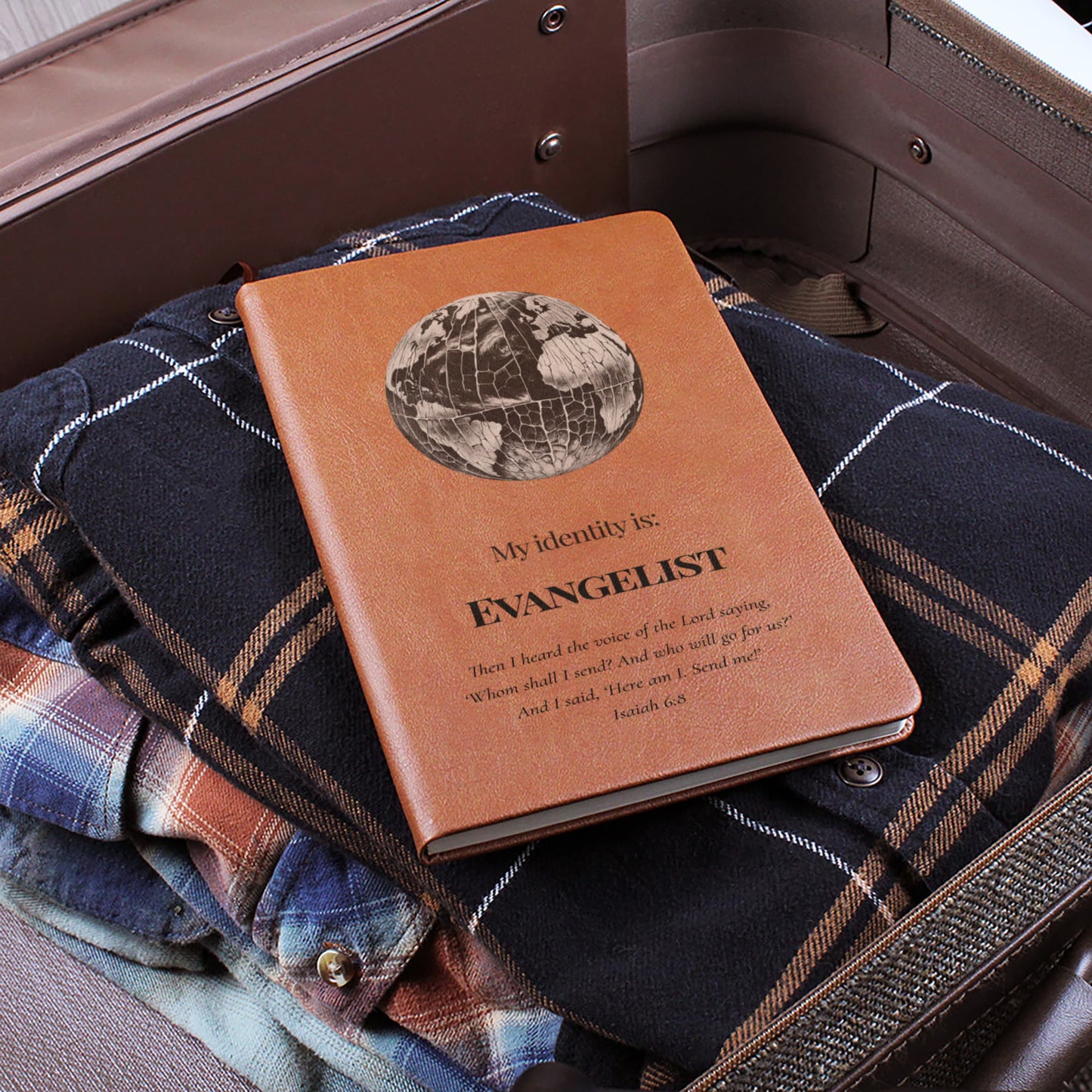 Evangelist Christian Journal – Isaiah 6:8 Globe Design Notebook  – My Identity Series - FREE Shipping
